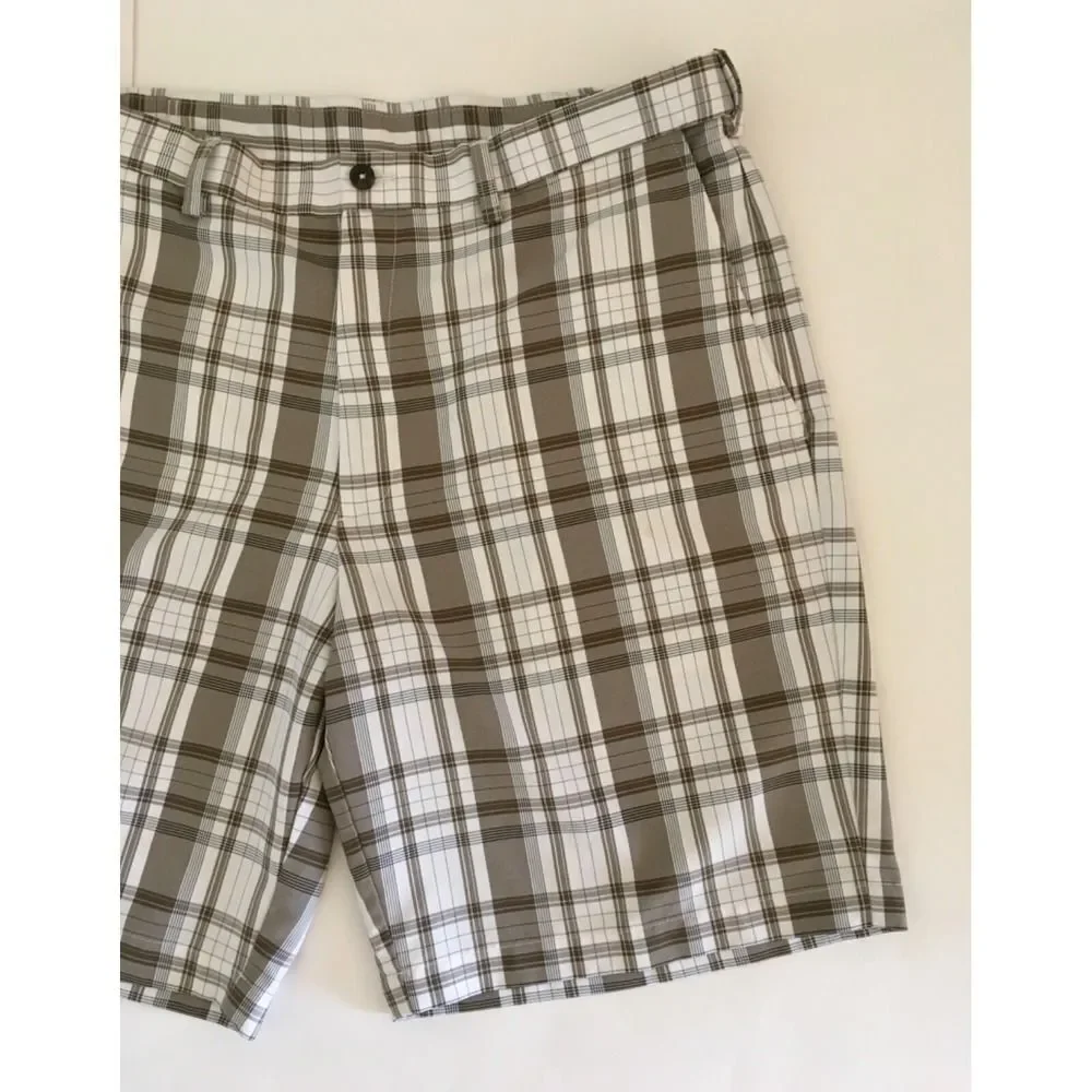 Haggar Golf Performance Shorts Mens 36 Brown White Plaid Expandable Waist